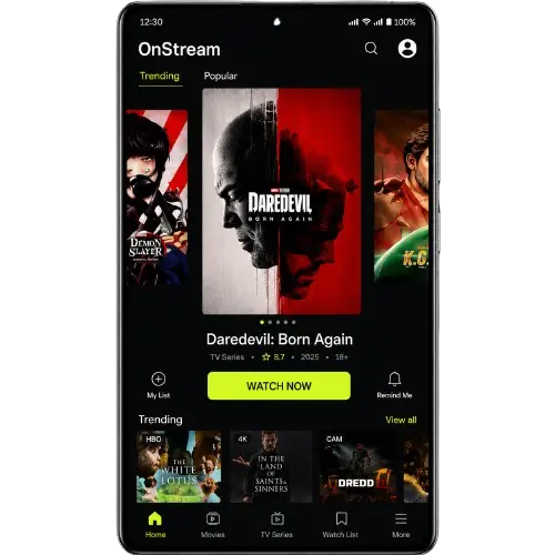 Home 5 OnStream APK home screen featuring Daredevil: Born Again and trending movies