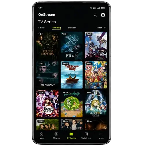 Home 4 OnStream APK TV Series section displaying trending TV shows and anime