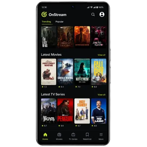 Home 3 OnStream APK home screen displaying trending movies and latest TV series