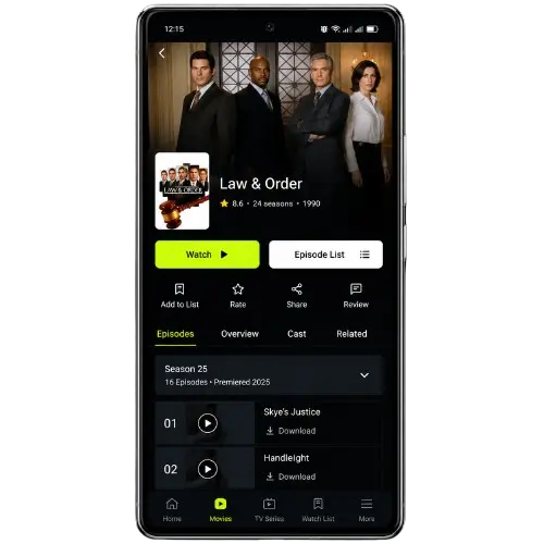 Home 2 OnStream APK movie details screen showing Law & Order episodes and download options