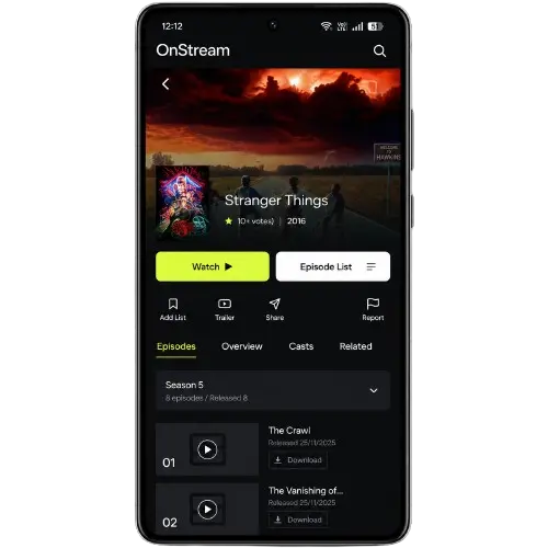 Home 7 OnStream APK episode details screen showing Stranger Things with watch and download options