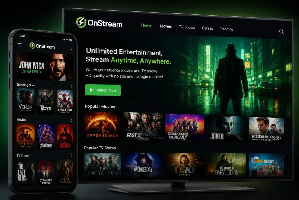 Home 10 OnStream APK interface displayed on a smartphone and smart TV
