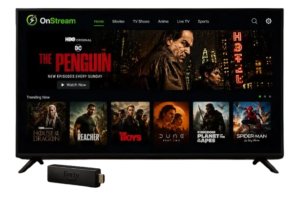 FIRESTICK 1 OnStream APK for Firestick displayed on a TV screen