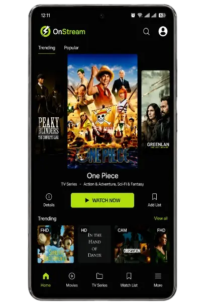 OnStream APK home screen with trending movies and TV series